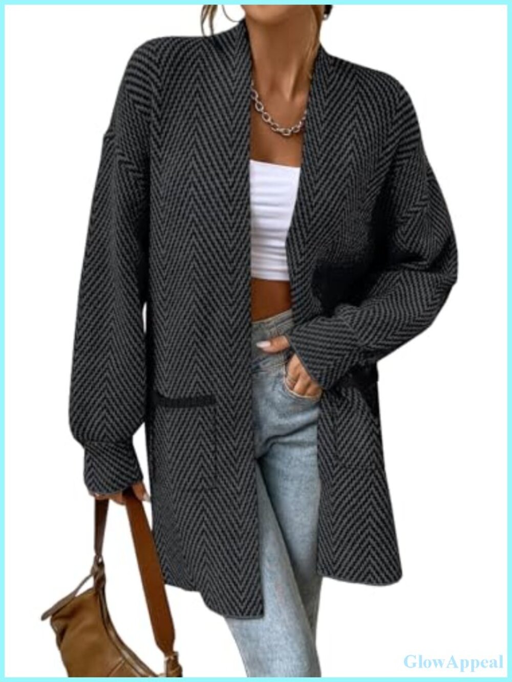 Women's Open Front Chevron Cardigan Sweater with Pockets
